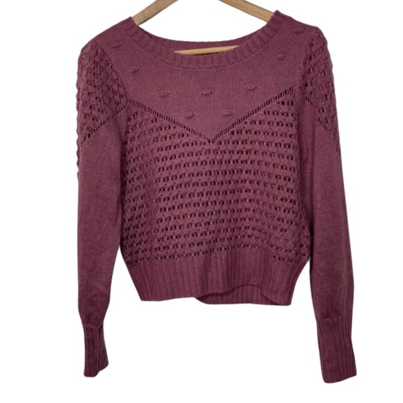 LUCKY BRAND | Mauve Chunky Open Knit Balloon Sleeve Crew Neck Sweater | Size S - Picture 3 of 13